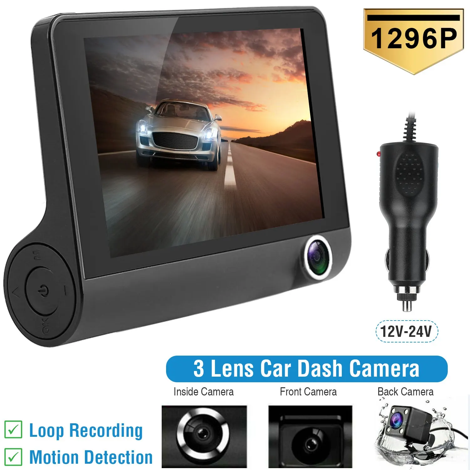 1296P Car DVR Dash Camera 4In 3