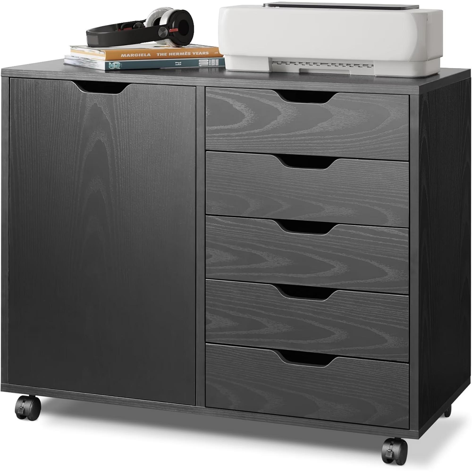 A 5-layer Wooden Filing Cabinet With Adjustable Shelves And Wheels, Suitable For Home Offices