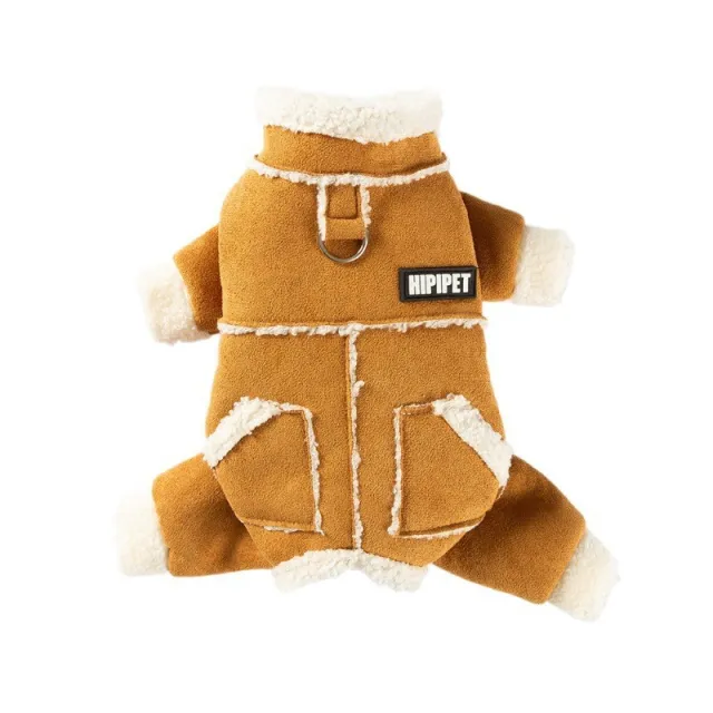 Hipipet Suede Pet Jumpsuit With Sherpa Lining, Warm 4 Leg Dog Coat With Leash Ring & Pockets For Winter Brown - Shop at LoveMi