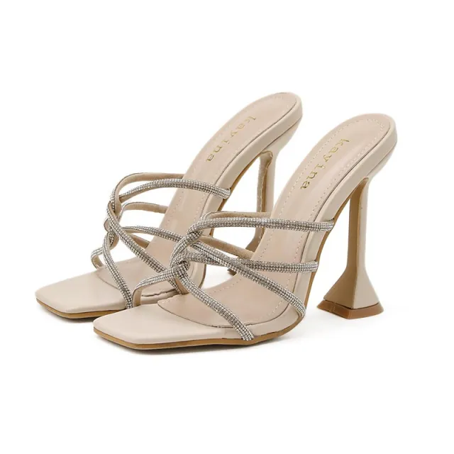 Women's High heeled Rhinestone Roman Open toed Sandals And Slippers Apricot - Shop at LoveMi