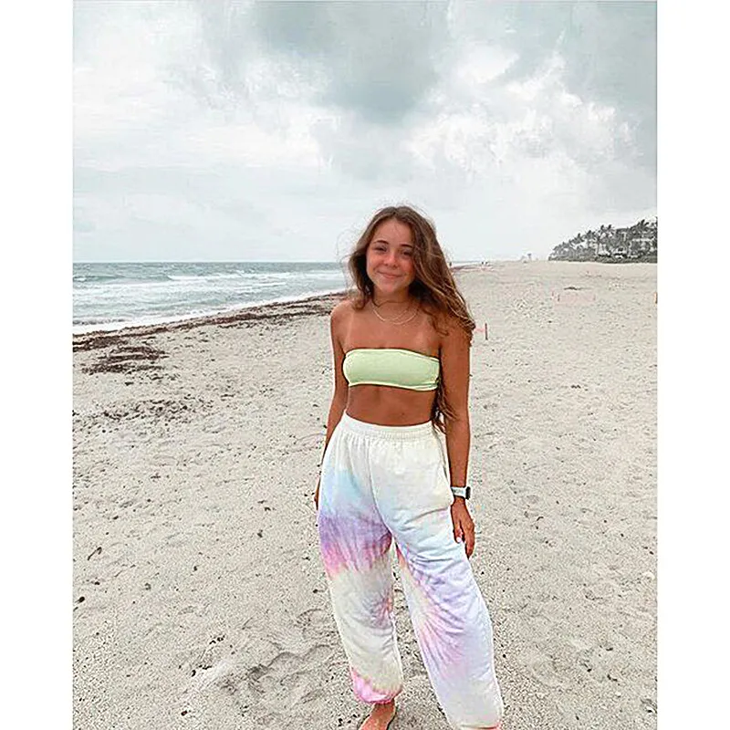 Tie-Dye Printed High-Waist Casual Loose Trousers - Purple