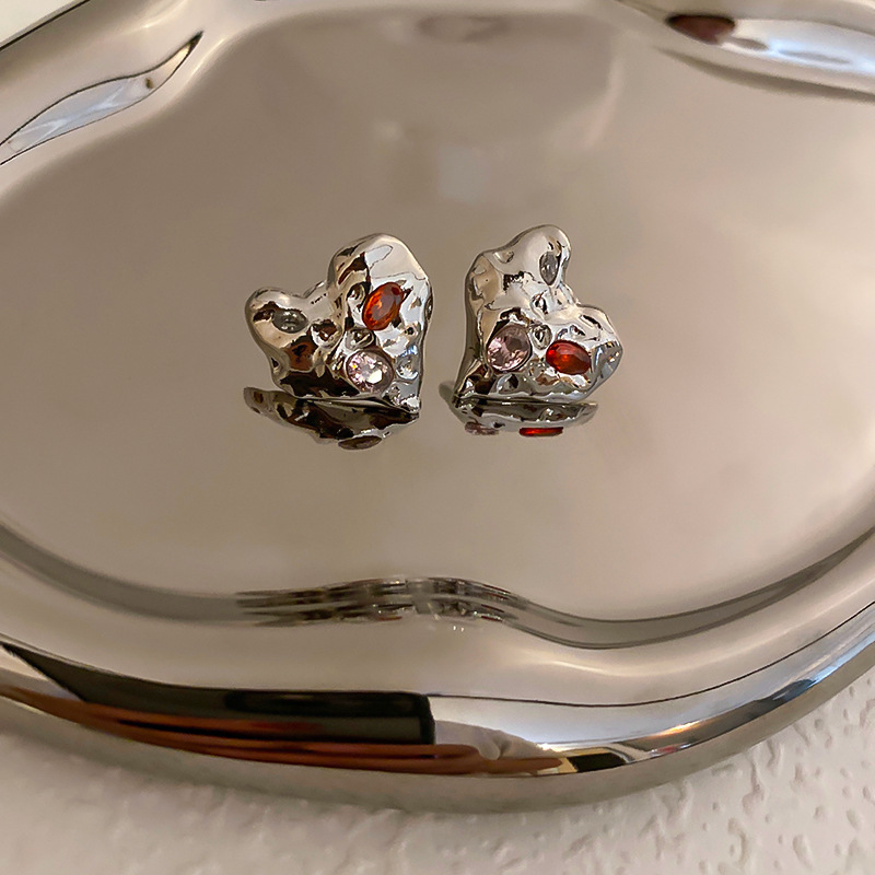 925 Silver Needle Diamond Irregular Love Stud Earrings Women Simple