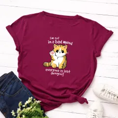 Women's Loose Round Neck Short-sleeved Cotton T-shirt Women's Top - Wine - View 1