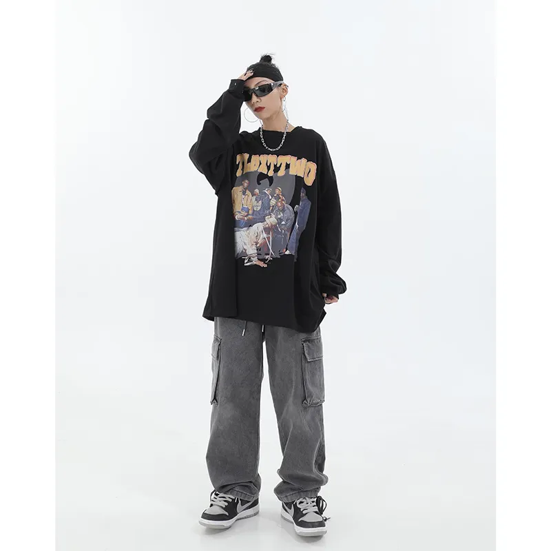 Women's Retro Large Pocket Workwear Jeans - Black Grey