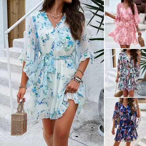 Summer Floral Print Short Sleeves Dress Lace Up Ruffles
