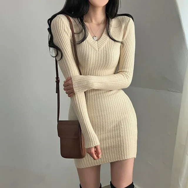 Women's V Neck Bodycon Mini Dress Slim Fit Long Sleeve Casual Dress Apricot - Shop at LoveMi