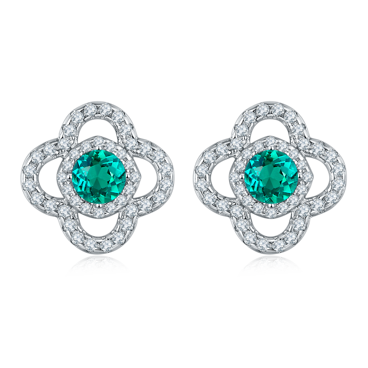 S925 Sterling Silver Clover Stud Earrings, 3.5mm Lab-Grown Emerald, Platinum Plated 2g Lightweight Women's Jewelry Gift Box