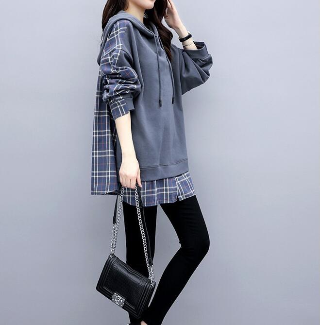 Title 1, Plaid Stitching Fake Two-Piece Hooded Sweater W...