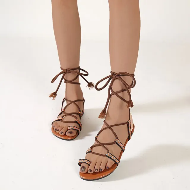 Women Flat Sandals Summer Strappy Sandals Roman National Style Bohemian Shoes For Beach Vacation Brown - Shop at LoveMi