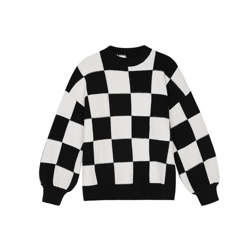 Round Neck Checkerboard Lantern Sleeve Women's Sweater