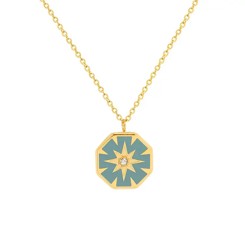 Eight Star Diamond Compass Pendant Necklace Titanium Steel Plated With 18K Gold
