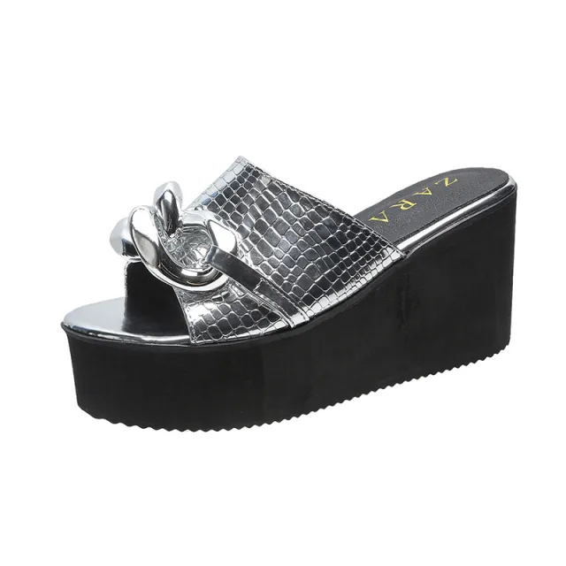 Women's Platform Platform Sandals And Slippers With Wedge Heel And Golden Chain Silver - Shop at LoveMi