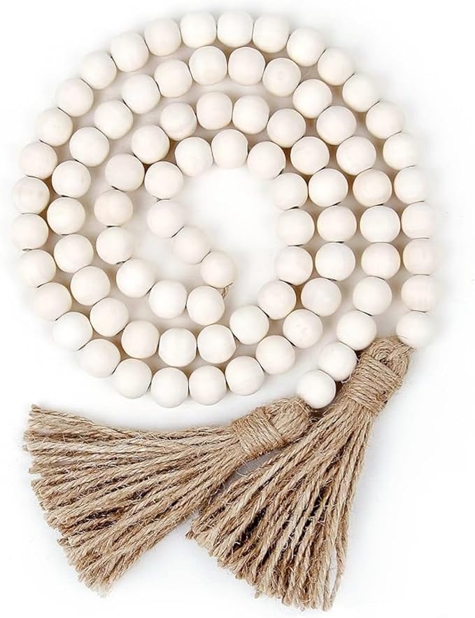 58-Inch White Wood Bead Garland, Rustic Farmhouse And Boho Decor For Coffee Tables, Shelves And Tiered Trays