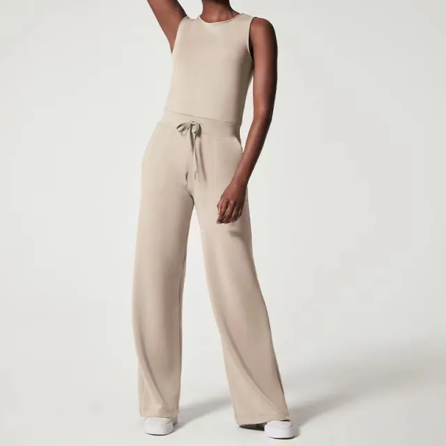 Solid Color Jumpsuit Sleeveless Tops Tie Elastic Pants Romper Apricot - Shop at LoveMi