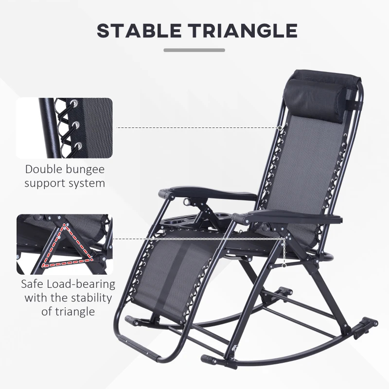 Outdoor Rocking Chairs, Foldable Reclining Zero Gravity Lounge Rocker With Pillow, Cup & Phone Holder, Combo Design With Folding Legs, Black thumbnail 6