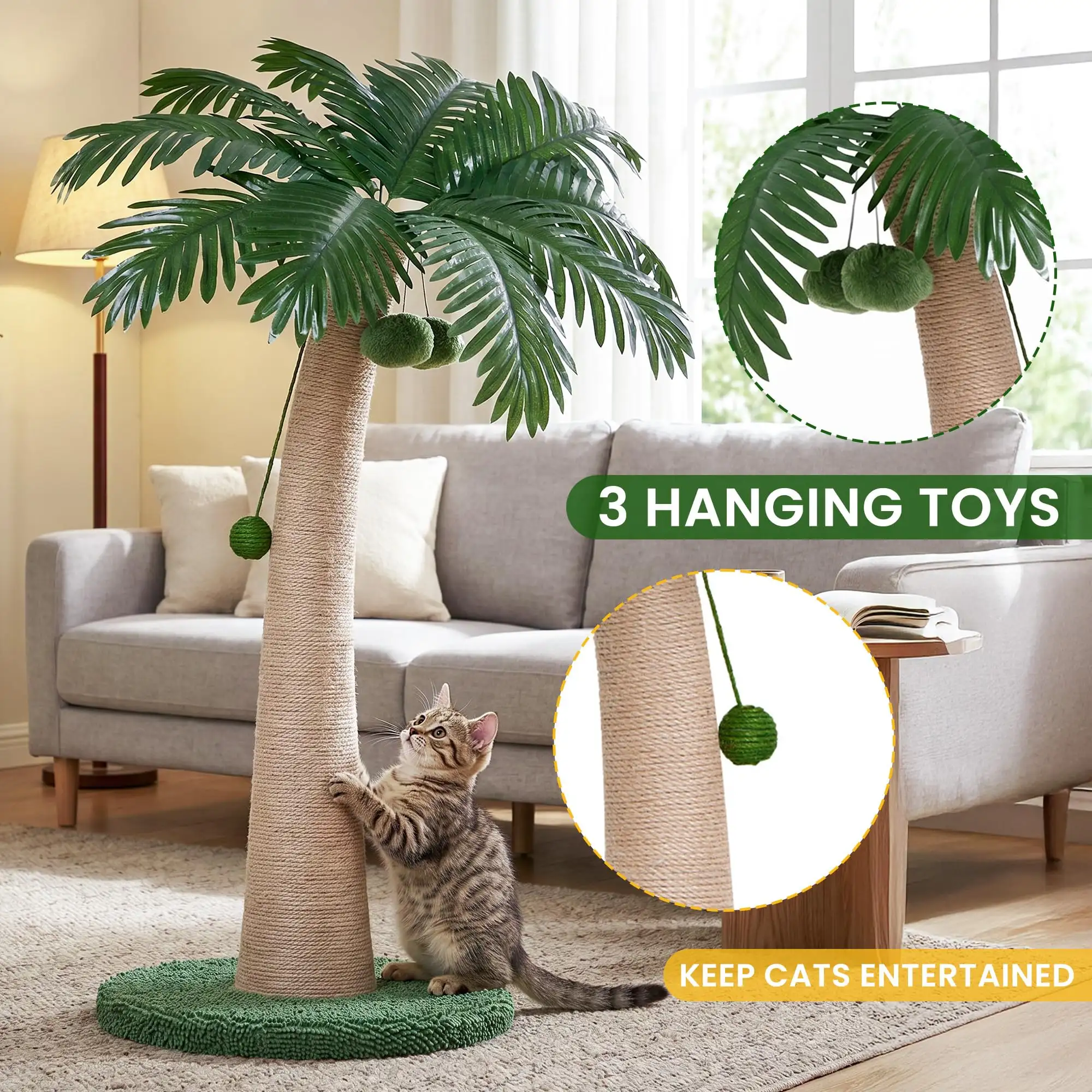 43 Inch Tall Cat Scratching Post For Indoor Large Cats, Natural Sisal Scratch Post With Hanging Toys, Stable Base Cat Scratcher For Kittens & Cats, Tropical Ca