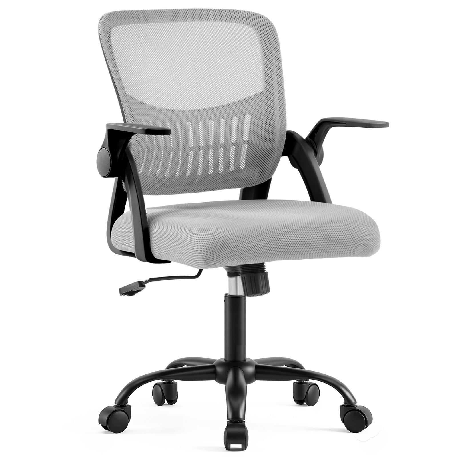 The Flip-up Armrest Fabric Computer Desk Chair With Adjustable Rotating Backrest Offers Comfortable Lumbar Support.