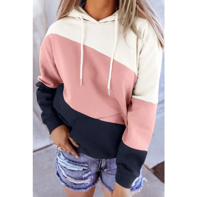 New Women's Long sleeved Stitching Hooded Printed Sweater Pink - Shop at LoveMi