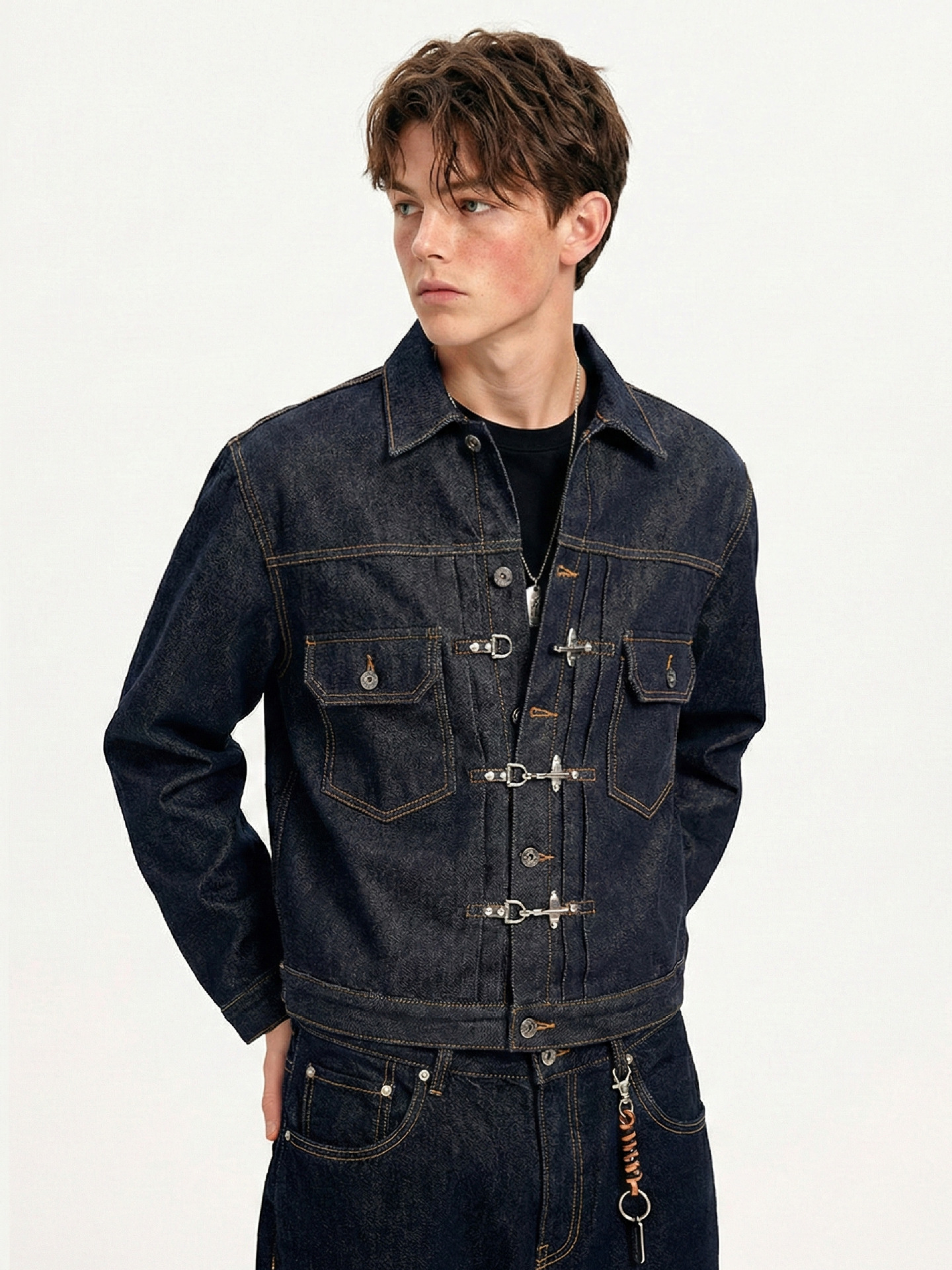 Dark Indigo Metal Hook Closure Utility Denim Jacket
