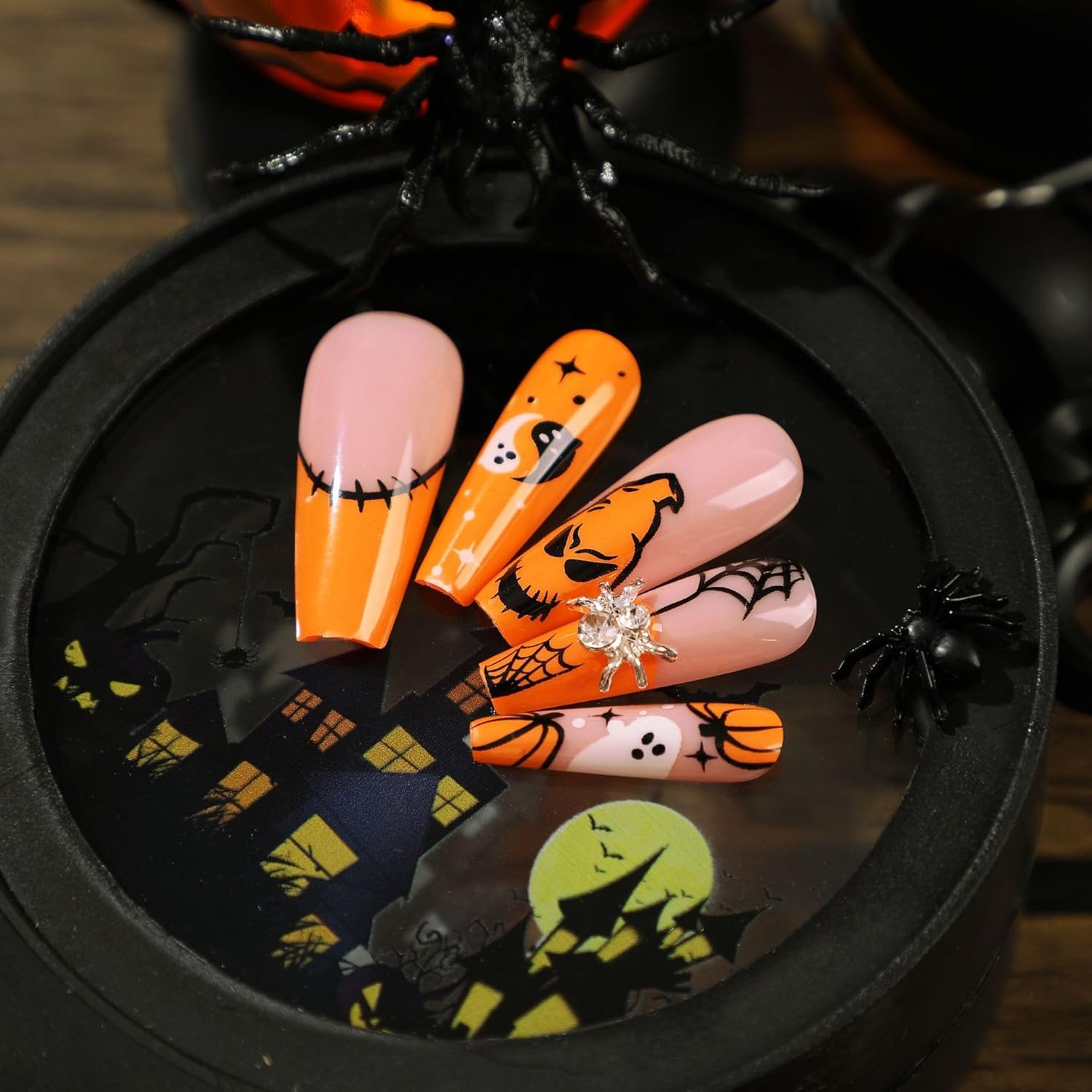24 PCS Press On False Nails Short Medium Length Full Cover Acrylic Fake Nails Almond Shaped Ballerina Nails Cute Pumpkin Bat Ghost Spider Reusable Nails Nail Salons Home DIY — foto 7