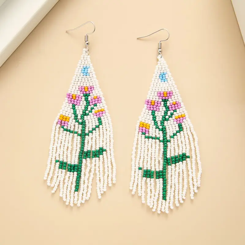 Floral Tassel Female Hand-woven Rice Bead Earrings