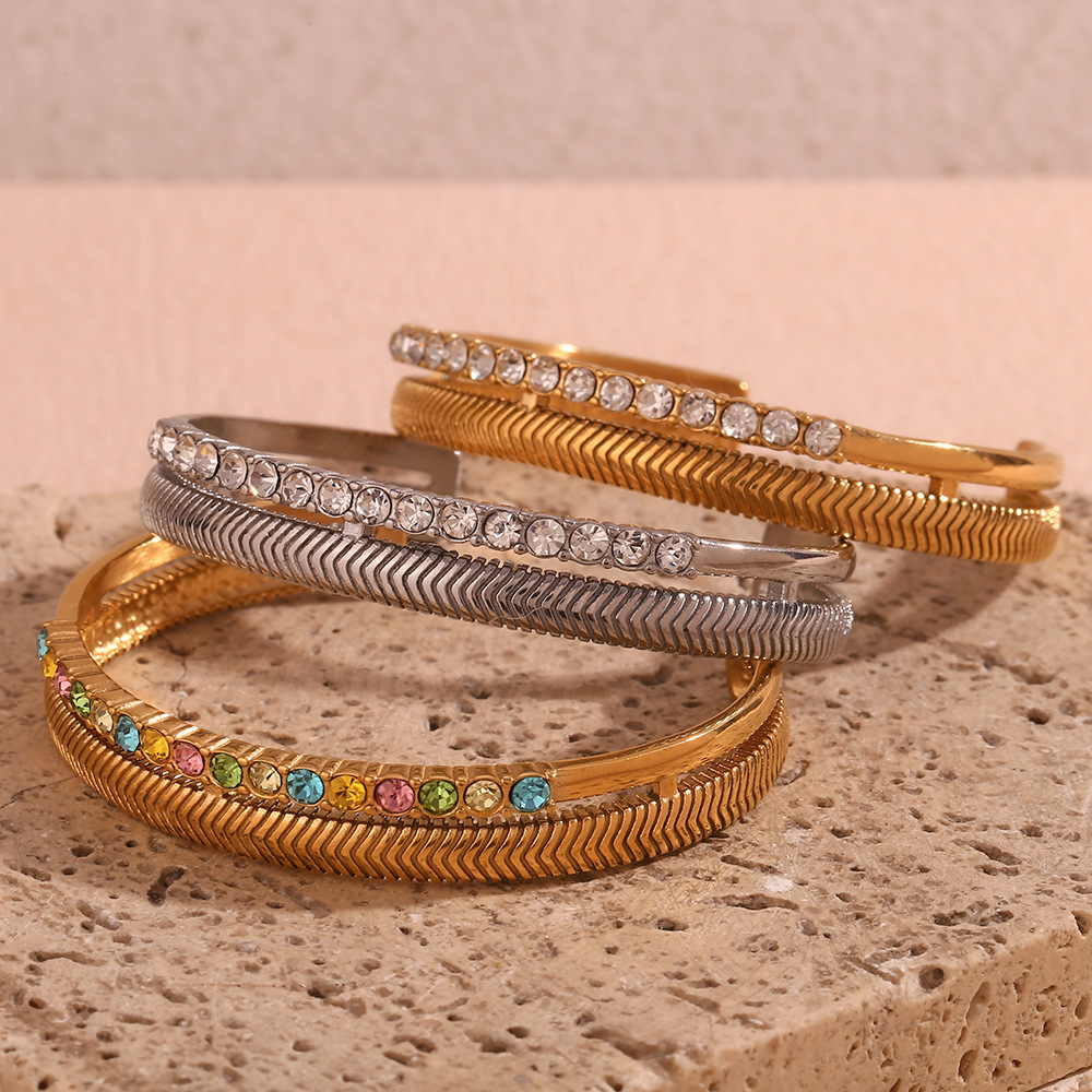 Titanium Steel 18K Gold Plating Double Layer Fishbone Pattern Open-ended Bracelet Female