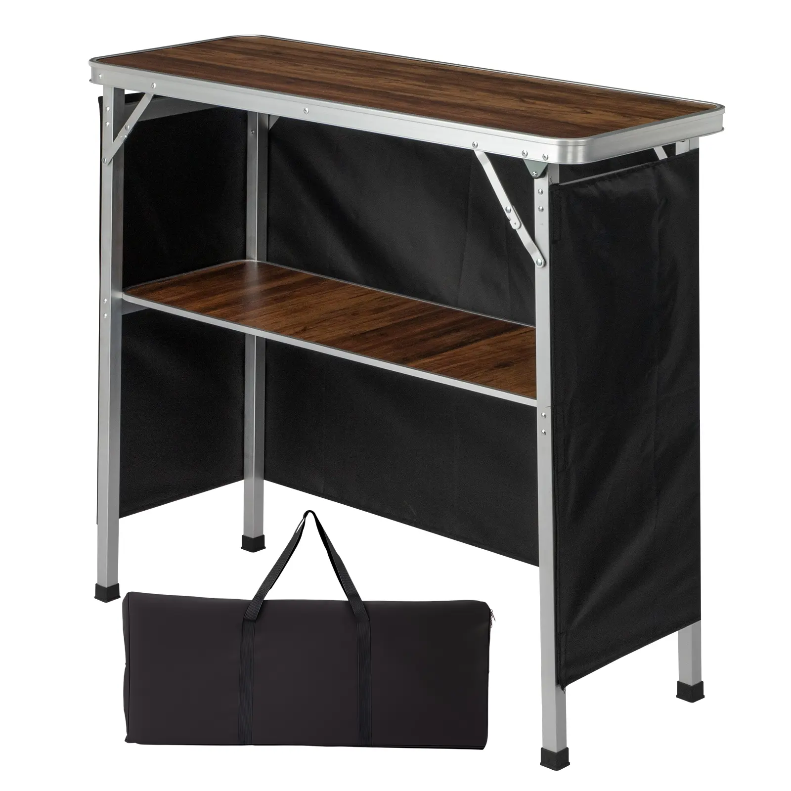100-38-88cm Portable Folding Bar Table With Storage Shelf, Aluminum Frame MDF Counter With Black Skirt & Carry Bag, For Trade Show, Party, Event