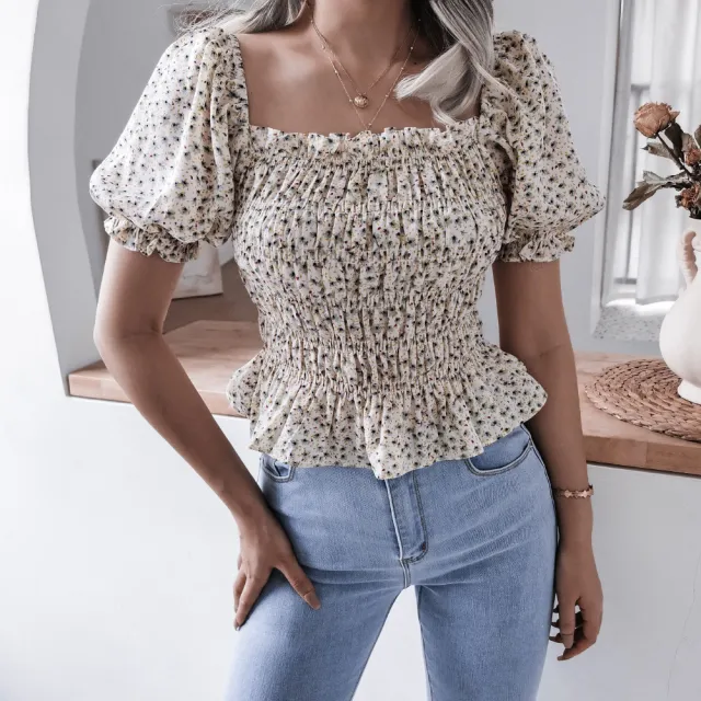 Square Neck Lantern Sleeve Ruffle Floral Chiffon Shirt Top White - Shop at LoveMi