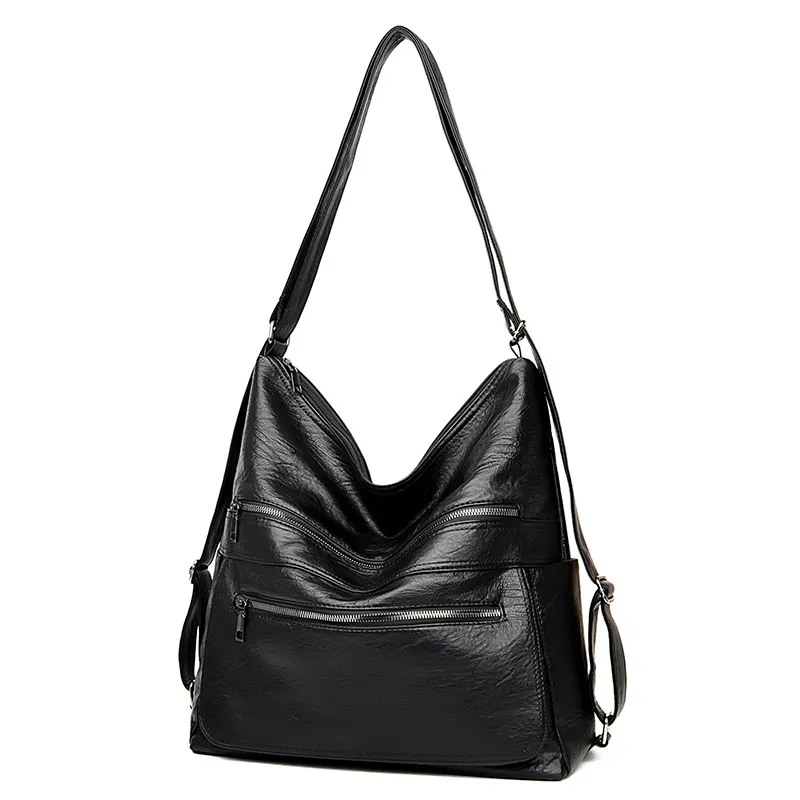 Double Zipper Shoulder Bag Women High Capacity Handbags Adjustable Backpack - Black