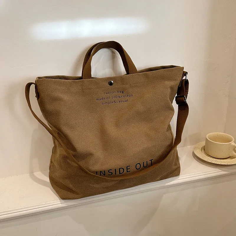 Large-capacity Canvas Bags Women Casual Fashion Totes Alphabet Print Shoulder Bag With Adjustable Strap Retro Handbag For Shopping - Coffee