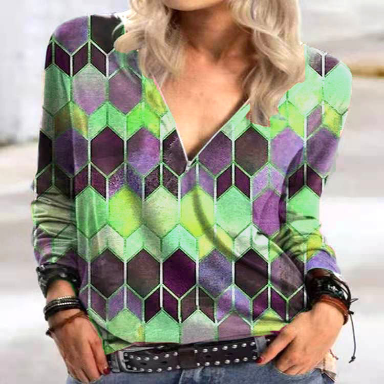 Title 3, Fashion Geometric Print Zipper Long-sleeved T-s...