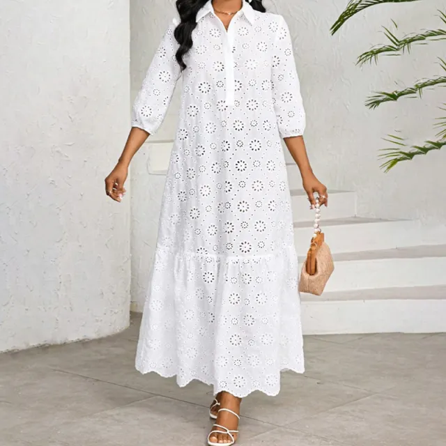 Women's Hollow Out Long Sleeve Maxi Dress V Neck Eyelet Casual Dress For Spring & Fall White - Shop at LoveMi