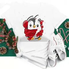 Christmas Penguin Owl Print Women's Black T-Shirt - C28 - View 1