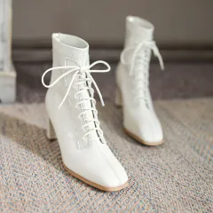 Square Toe High Heel Boots PU Leather Women Ankle Boots - White - View 1