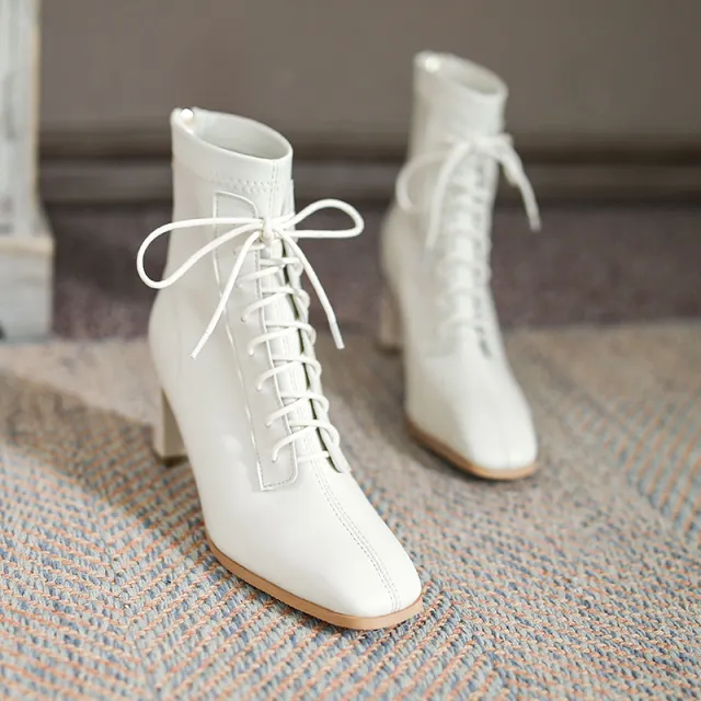 Square Toe High Heel Boots PU Leather Women Ankle Boots White - Shop at LoveMi