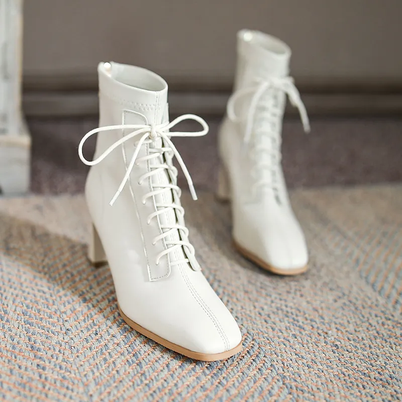 Square Toe High Heel Boots PU Leather Women Ankle Boots - White