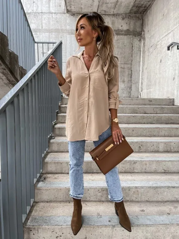 Women's Simple Solid Color Roll Sleeve V Neck Button Lapel Shirt Khaki - Shop at LoveMi