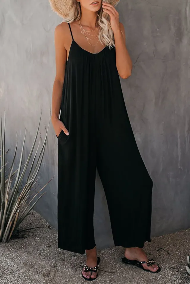 Flowers Print Suspender Jumpsuit With Pockets Spring Summer Fashion Round neck Overalls For Womens Clothing Black - Shop at LoveMi