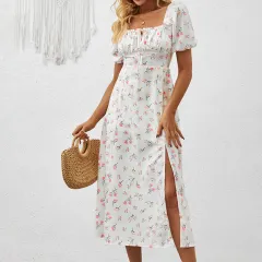 Women's Square Neck Floral Print Dress With Puff Sleeves & Side Slit - Elegant Spring Summer Boho Maxi Dress - White - View 1