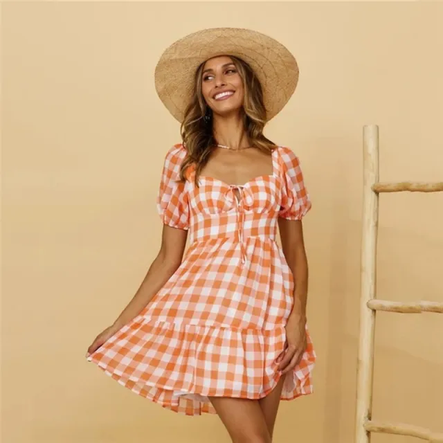 European And American Women's Checked Backless Dress Orange - Shop at LoveMi