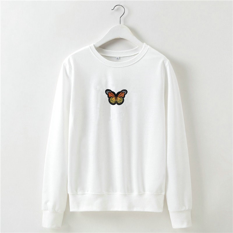 Butterfly Embroidery Cropped Short Long sleeved Sweater White - Shop at LoveMi