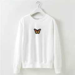 Butterfly Embroidery Cropped Short Long-sleeved Sweater - White - View 1