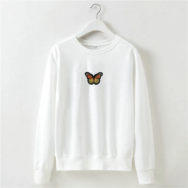 Butterfly Embroidery Cropped Short Long-sleeved Sweater - White