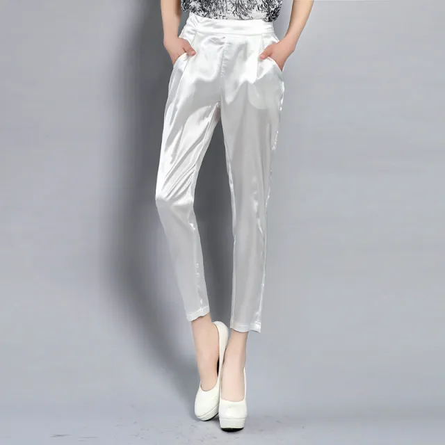 Nine point Pants Casual Plus Size Stretch Satin Women's Trousers White - Shop at LoveMi