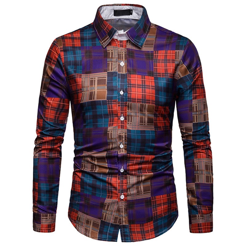 Title 3, Printed long-sleeved shirt fashion lapel plaid ...