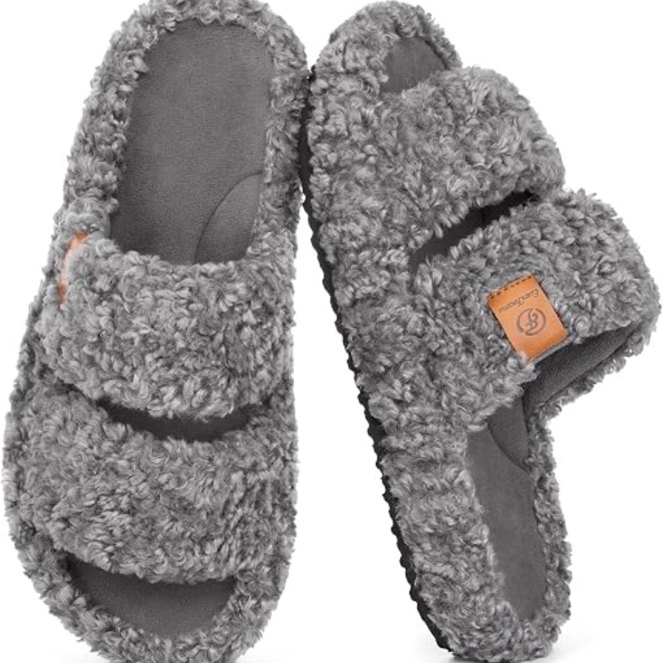 Women's Fuzzy Open-Toe Slippers, Memory Foam Indoor House Shoes Size 7-8 5