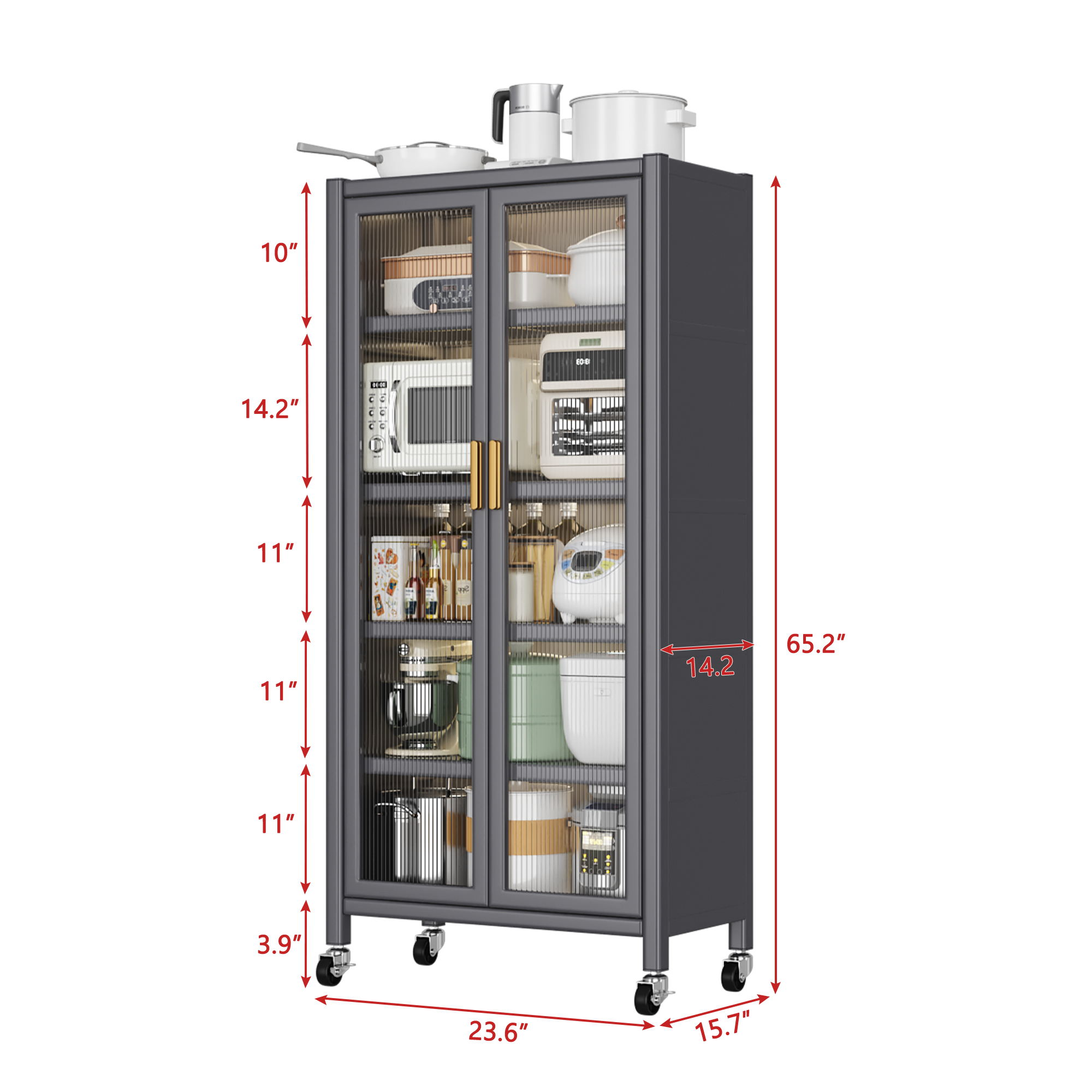 Grey Open Kitchen Storage Cabinet, Floor-to-Ceiling Multilevel Microwave Shelving Unit & Side Cabinet For Bowls, Grey 8