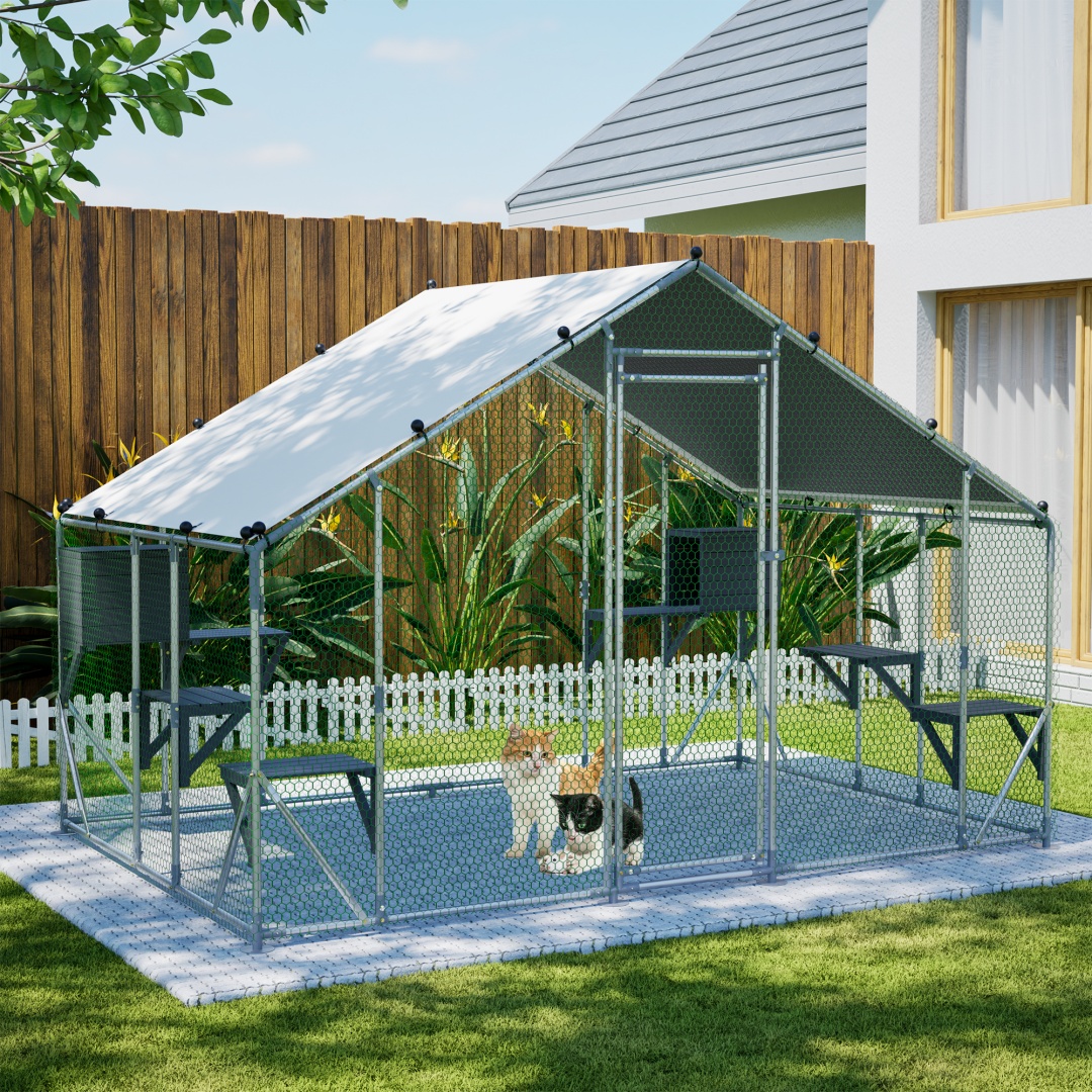 Extra Sturdy 3x2m Outdoor Metal Cat Cage -DIY Solid Wood Platform, Double Safety Lock & Enhanced Stability, Multi-Pet Use, Waterproof Tarp Included
