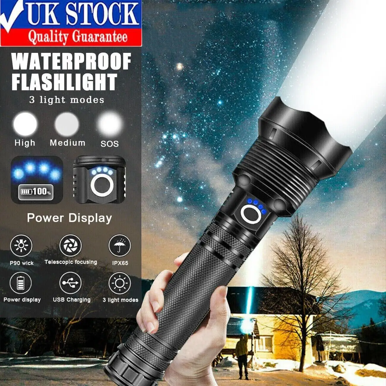 LED Flashlight Telescopic USB Rechargeable Super Bright