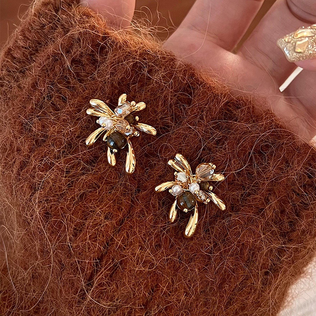 Silver Needle Tiger's Eye Earrings Women Pearl Crystal Beaded Teardrop Dangle Vintage Niche